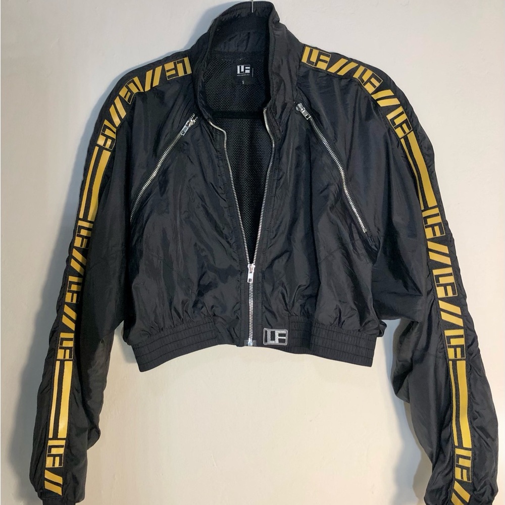 LF Sporty Black and Yellow Zip-Up Race Car Bomber Jacket Cropped SZ S
